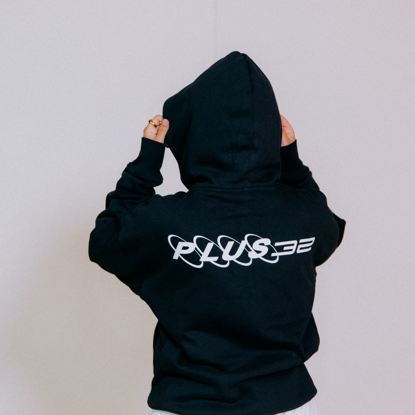 Heavyweight Hoodie Black Futuristic PLUS32™ Back & Front Logo