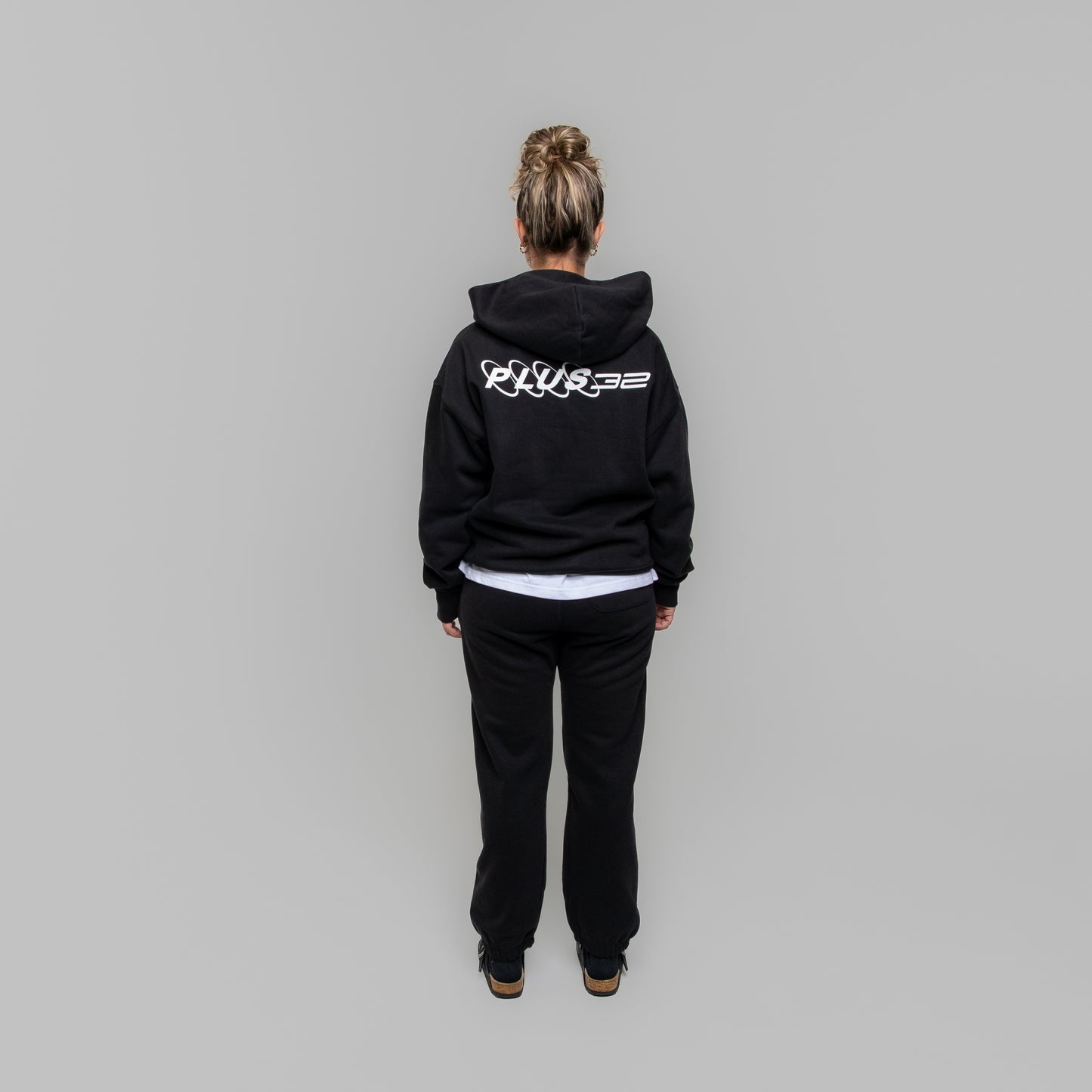 Heavyweight Hoodie Black Futuristic PLUS32™ Back & Front Logo